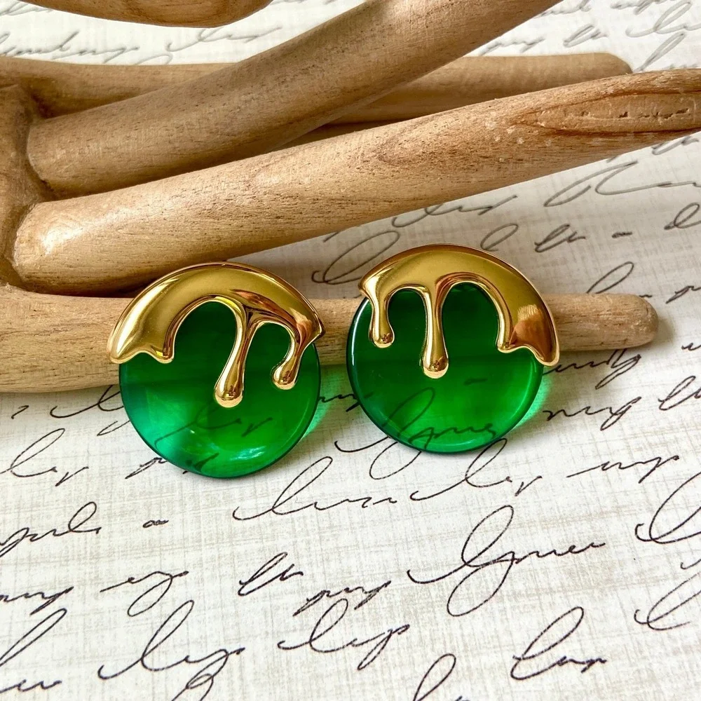 18K Gold Plated Stainless Steel Green Round‎ Gold Drip Stud Earrings